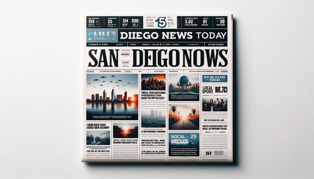 Digital front page of 'San Diego News Today' newspaper dated January 15, 2024, with sections on local news, sports, weather, and entertainment.